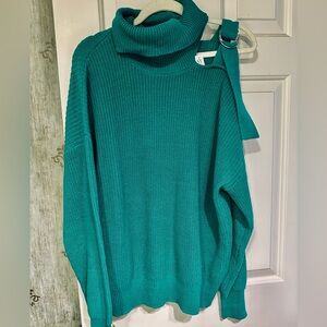 With tags, green turtleneck sweater, with one open shoulder